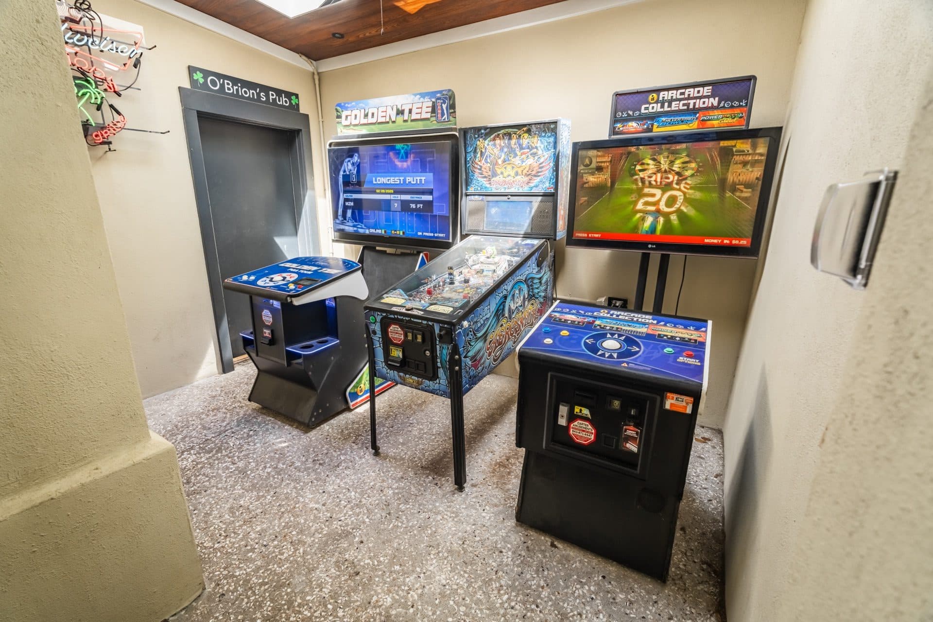 Arcade Game Room at O'Brion's Pub & Grille — Golden Tee, Pinball & Arcade in Mount Pleasant SC Arcade game room at O'Brion's Pub & Grille featuring Golden Tee golf game, pinball machine, and arcade games